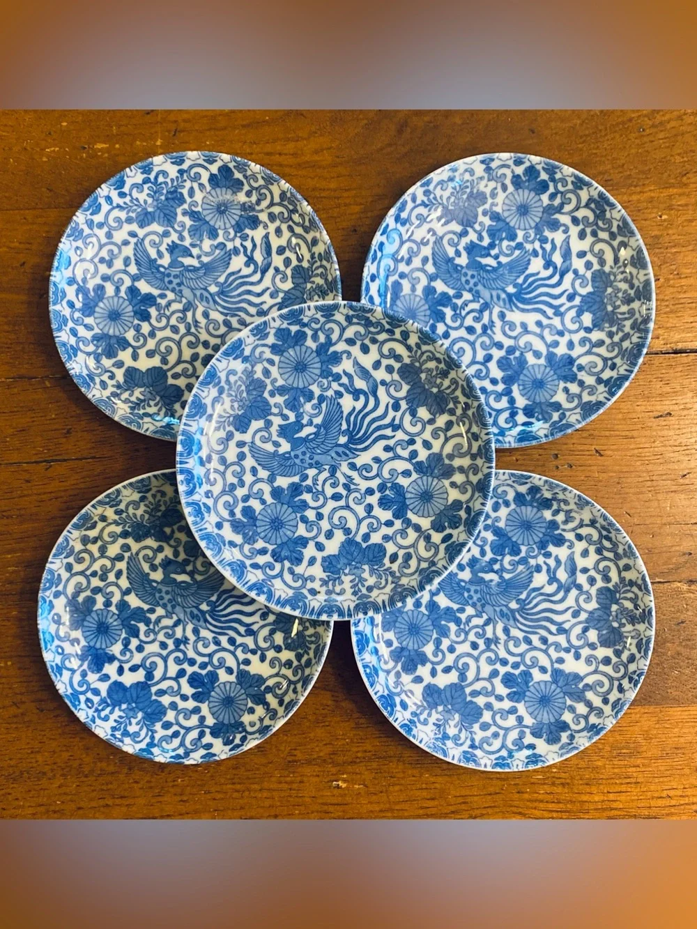 5 VTG Phoenix Bird Chrysanthemum Blue White Japanese Porcelain Plates Saucers